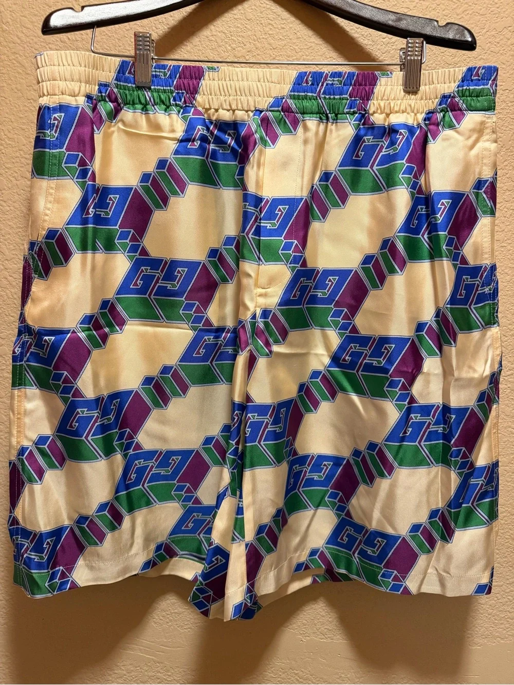 New Gucci GG Logo Silk Shorts Cream Blue Size IT 54 / US L 36 - 40 Waist